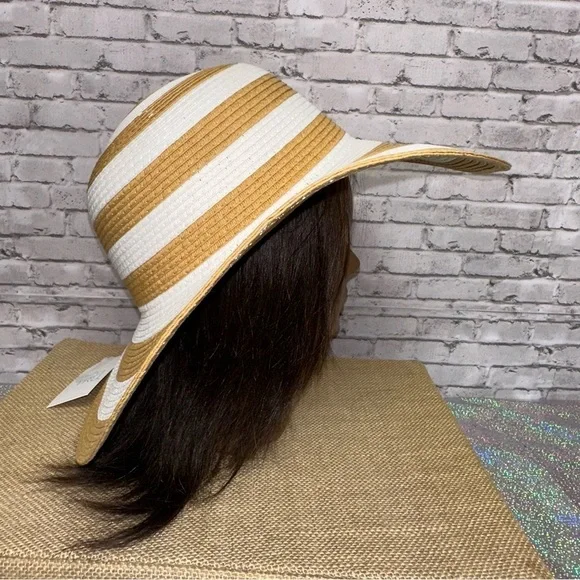 Time and Tru Striped Women's Sun Hat One Size Tan White Beach Floppy Hat NEW - Picture 5 of 11